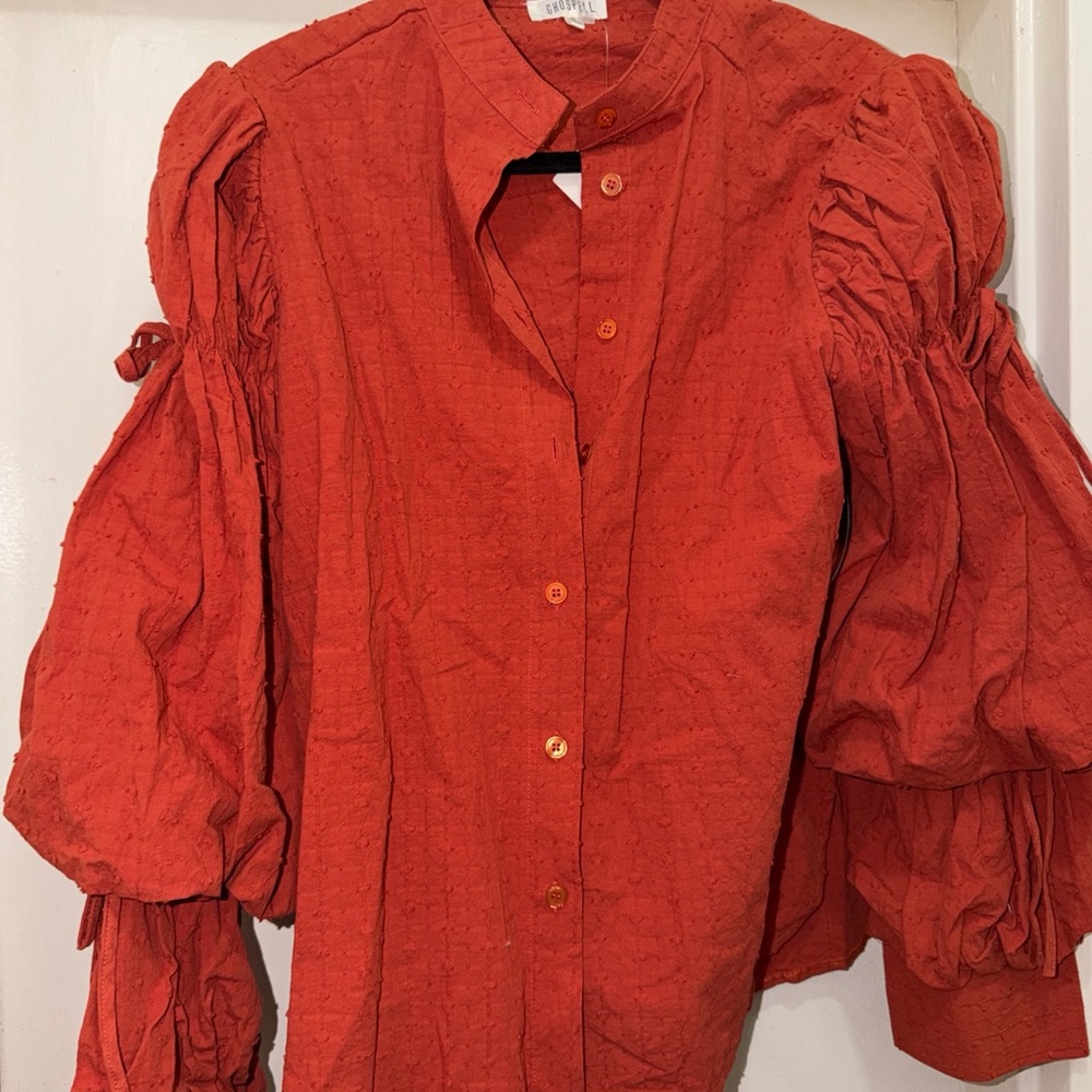 Puff-Sleeve Button-Front Blouse in Rust Orange